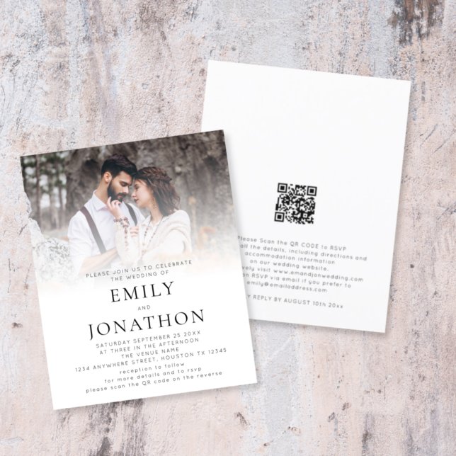 Budget Photo Overlay QR Code Wedding Invitation (Front and back view. Smaller size budget invite. Part of a larger collection.)