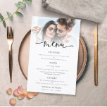 Budget Photo Overlay Script Wedding Menu<br><div class="desc">Budget Photo Overlay Script Wedding Menu. A LARGER size 5.5” x 8.5” at a budget price, on a SEMI GLOSS 110 lb CARD STOCK, great for invitations, at roughly the same thickness as a postcard, or an elegant 110 lb LINEN stock – for a luxury, slightly thinner feel at great...</div>