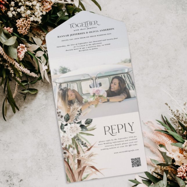 Budget photo pampas eucalyptus wedding QR code All In One Invitation (Creator Uploaded)