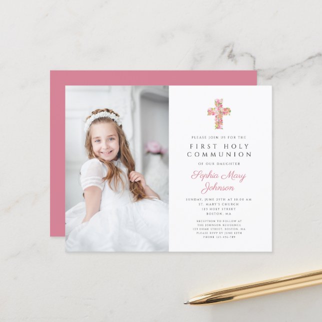 Budget Photo Pink Floral Cross First Communion (Front/Back In Situ)
