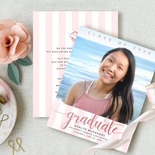Budget photo pink glitter script graduation invite