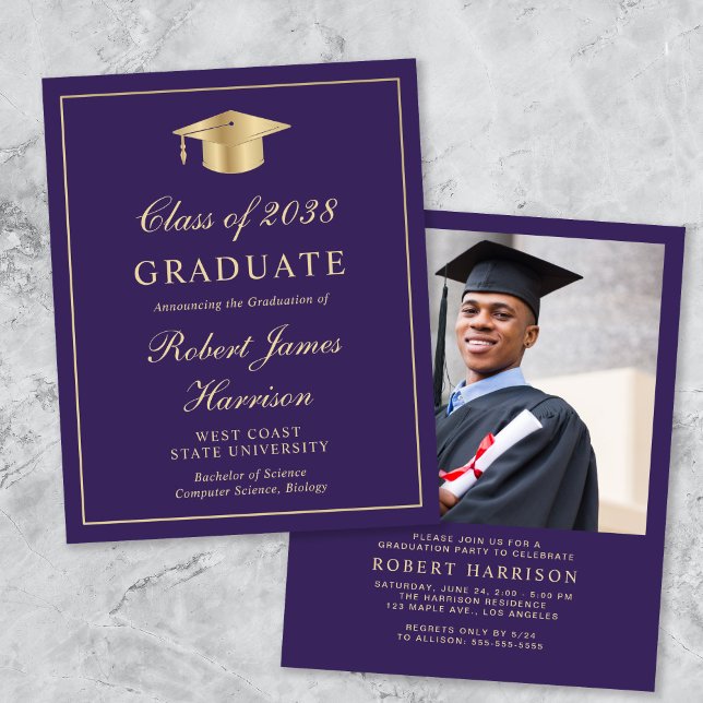 Budget Photo Purple Gold Graduation Party Invite (An elegant college graduation party invitation to celebrate the graduate's achievements)