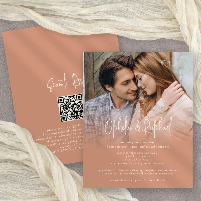 Budget Photo QR Boho Terracotta wedding Invite (Front and back view)