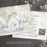 Budget photo QR CODE elegant wedding save the date Flyer<br><div class="desc">Modern romantic chic BUDGET affordable wedding save the date FLYER template with your custom photo in trendy faux vellum white transparent overlay and black hand lettered calligraphy script and with your custom QR CODE. Easy to personalize with your details and picture on both sides! PLEASE READ THIS BEFORE PURCHASING! This...</div>