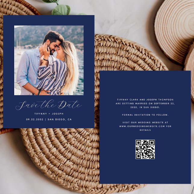 Budget Photo QR Code Navy Blue Save the Date (Creator Uploaded)
