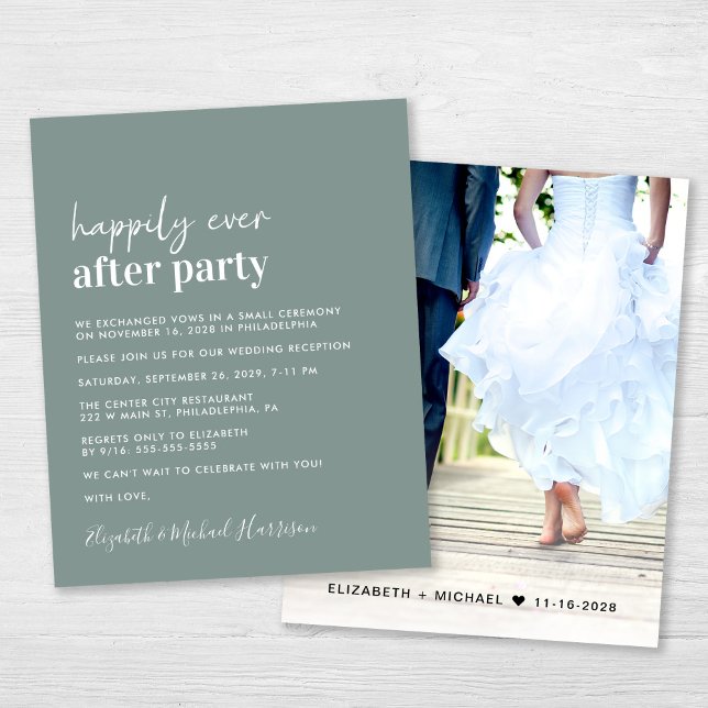 Budget Photo Sage Green Wedding Reception Invite (An chic Happily Ever After Party photo invitation for your wedding celebration)