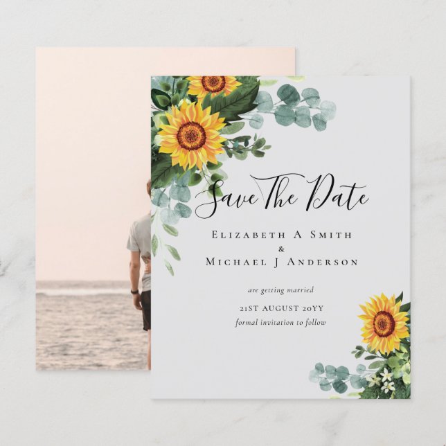 BUDGET  Photo Save Date Rustic SUNFLOWERS Greenery (Front/Back)