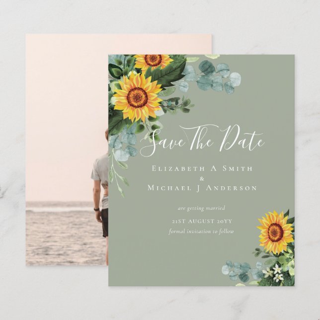 BUDGET  Photo Save Date Rustic SUNFLOWERS Greenery (Front/Back)