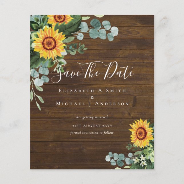 BUDGET  Photo Save Date Rustic SUNFLOWERS Greenery Flyer (Front)