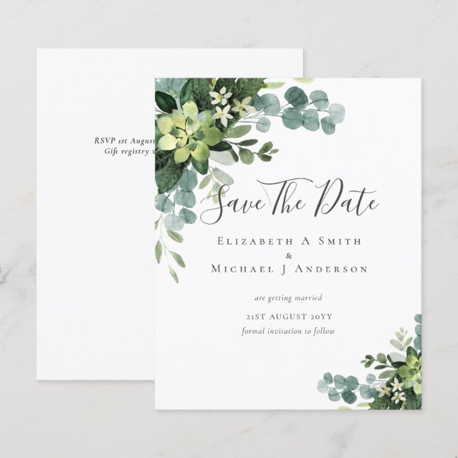 BUDGET Photo Save Dates Eucalyptus Greenery Leaves (Front/Back)