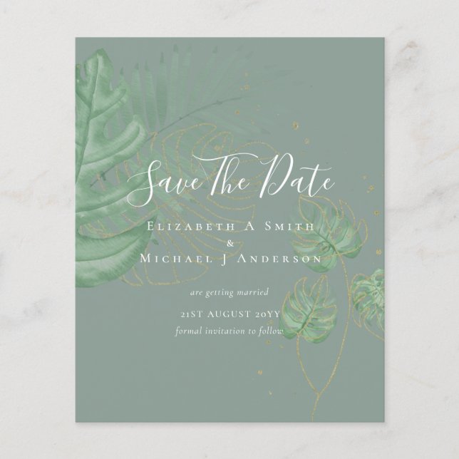 BUDGET Photo SAVE DATES Topical Leaves Gold Flyer (Front)