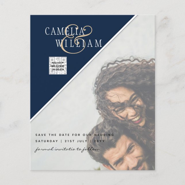 Budget Photo Save the Date BLUE QR Code RSVP Flyer (Front)