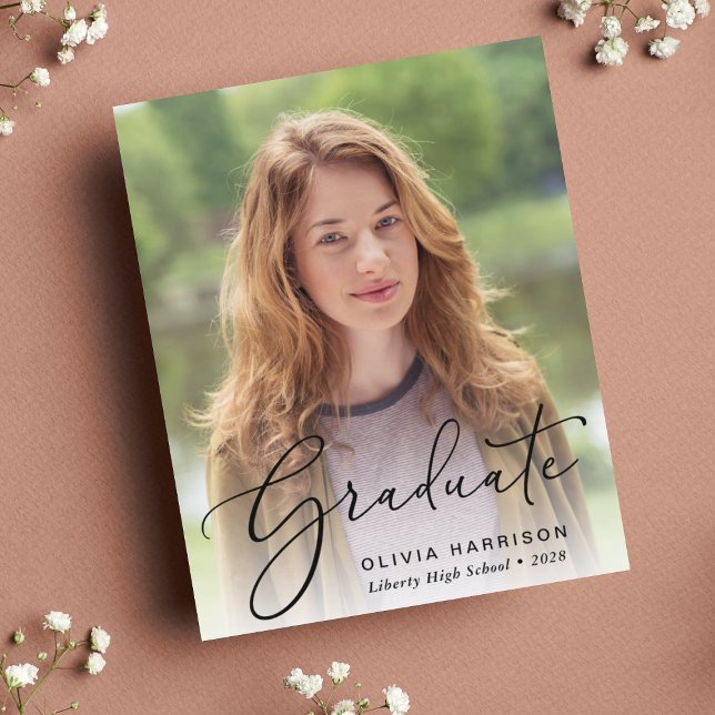 Budget Photo Script Graduation Announcement (An elegant photo graduation announcement to celebrate the graduate's achievements)