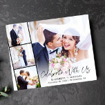 Budget Photo Strip Wedding Reception Invitation<br><div class="desc">Budget-friendly elegant elopement or private wedding announcement and reception invitation featuring your wedding day photo overlayed with a strip of three smaller square photos, "Celebrate With Us" in a modern script and your names, wedding date and location in simple typography. On the reverse side, personalise your marriage announcement and reception...</div>