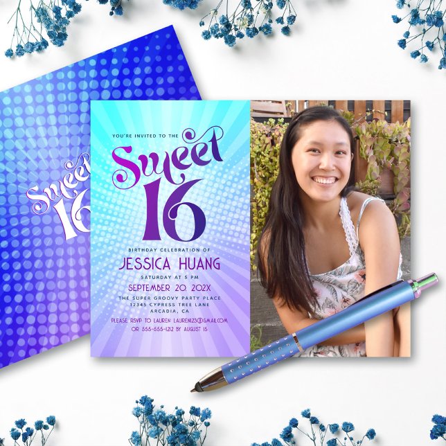 Budget Photo Sweet 16 Purple Blue Gradient Invite (Creator Uploaded)
