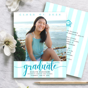 Budget photo turquoise script stripes grad invite