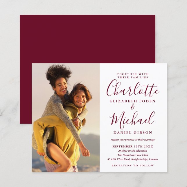 Budget Photo Wedding Burgundy Script Invitation (Front/Back)
