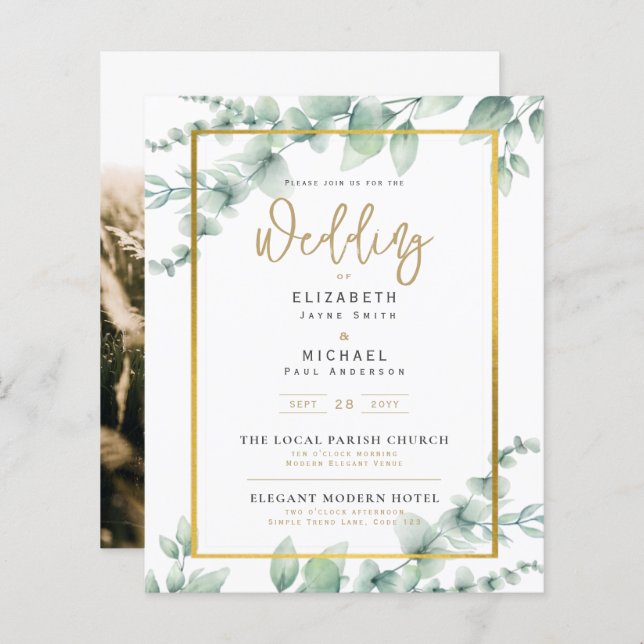 Budget Photo Wedding Invitation Rustic Botanical  (Front/Back)