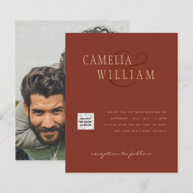 Budget Photo Wedding Invitation Save Date QR Code  (Front/Back)