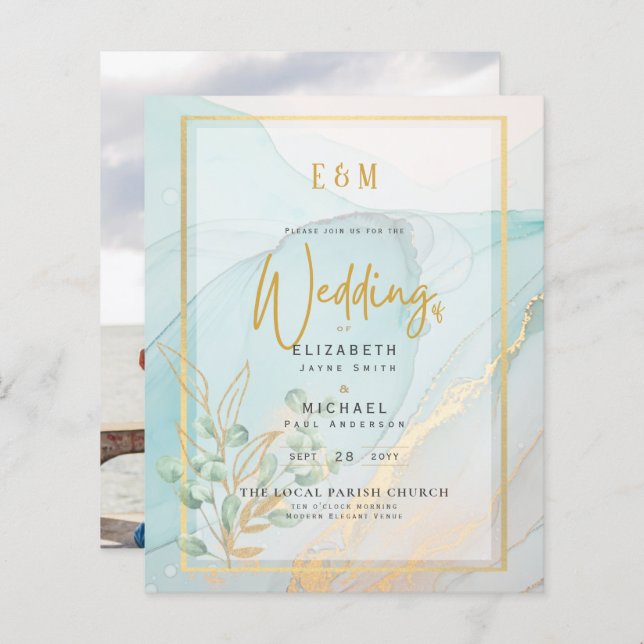 Budget Photo Wedding Invitations Sea Glass Gold   (Front/Back)