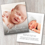 Budget Photo White Script Birth Announcement<br><div class="desc">A budget-friendly option to announce your baby's birth,  featuring his or her photo with "Welcome" written on top in a stylish white script. Underneath you can add his or her name,  birth date and birth stats. On the back,  add another photo and personalised message.</div>