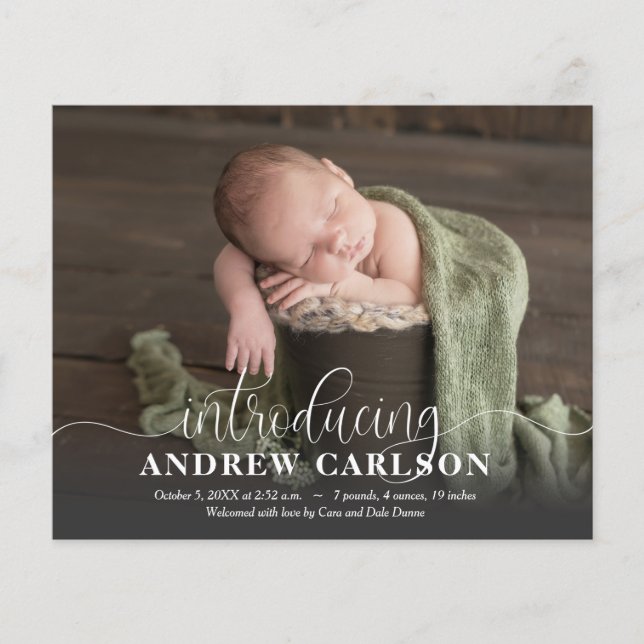 Budget Photo White Script Birth Announcement (Front)
