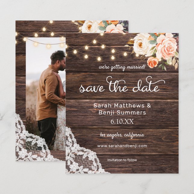 Budget Photo Wood, Lace Pink Floral Save the Date (Front/Back)