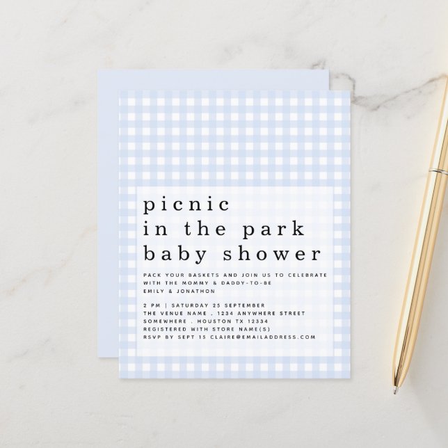 Budget Picnic Park Baby Shower Blue Gingham invite (Front/Back In Situ)