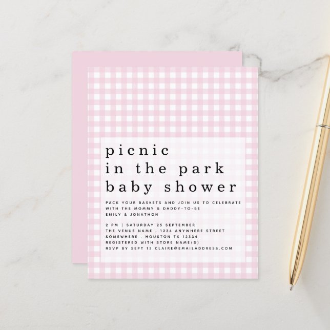 Budget Picnic Park Baby Shower Pink Gingham Invite (Front/Back In Situ)