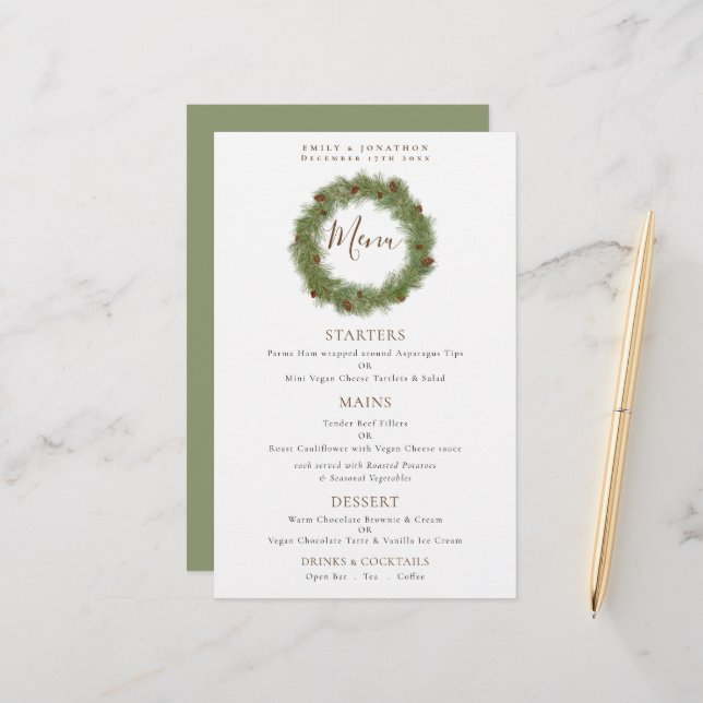 Budget Pine Cone Wreath Christmas Wedding Menu (Front/Back In Situ)