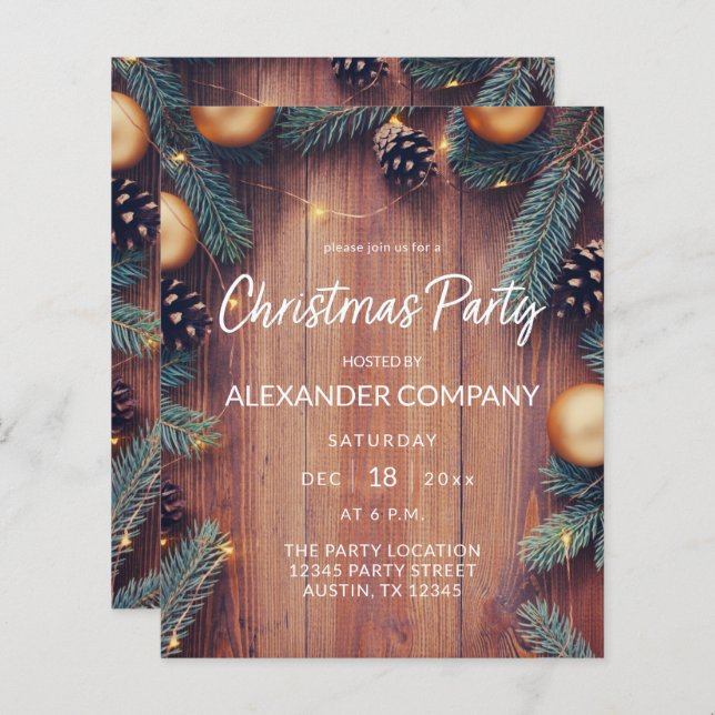 Budget Pine & Gold Ornament Rustic Christmas Party (Front/Back)