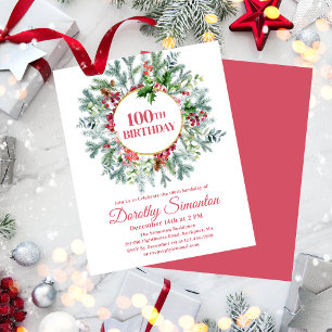 Budget Pine Holly Berry 100th Birthday Invitation