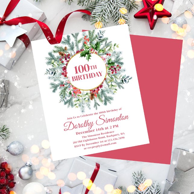 Budget Pine Holly Berry 100th Birthday Invitation (Need a matching welcome sign? Napkins, paper plates, something else. Message me!)