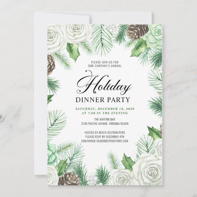 Budget Pine Holly Corporate Dinner Party Invite (Front)