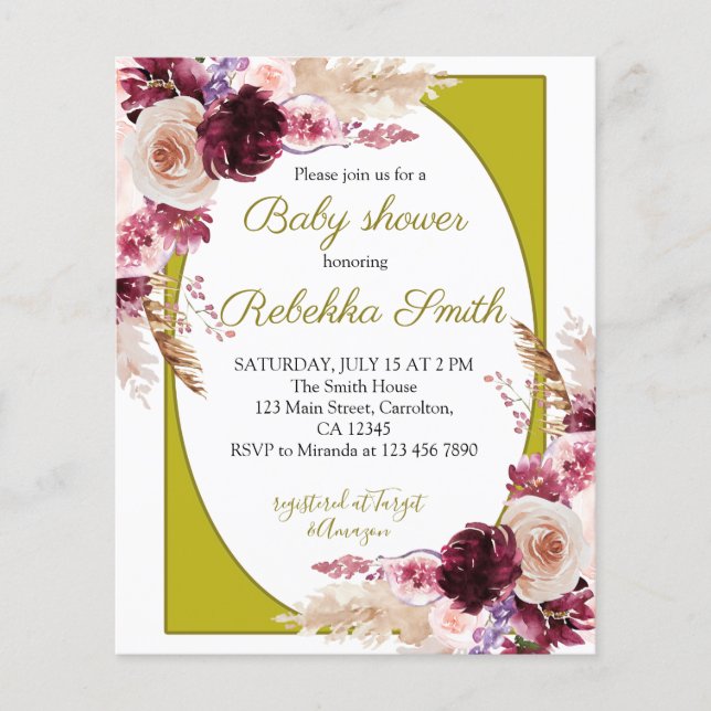Budget Pink and Burgundy Baby Shower İnvitation  (Front)
