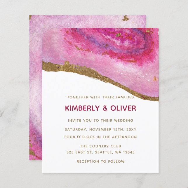 Budget Pink and Gold Agate Wedding Invitation (Front/Back)