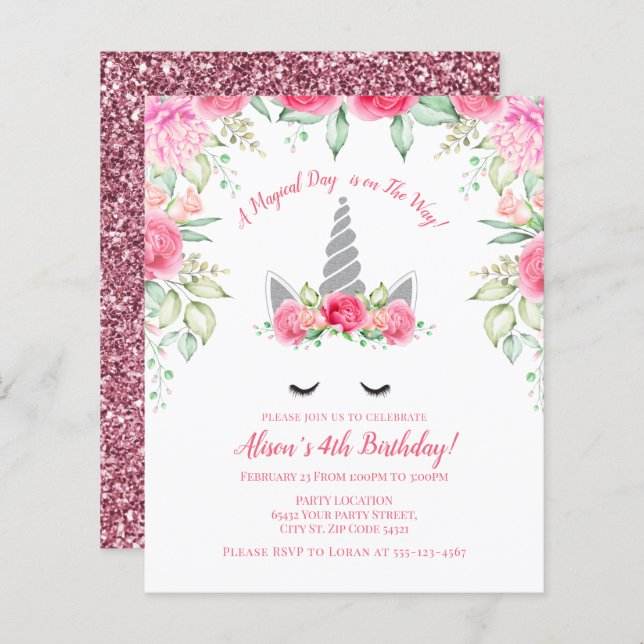 Budget Pink and Silver Glitter Unicorn Birthday (Front/Back)