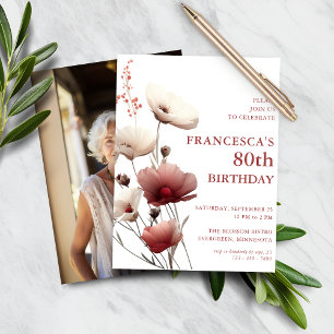 Budget Pink and White Poppy 80th Birthday Invite