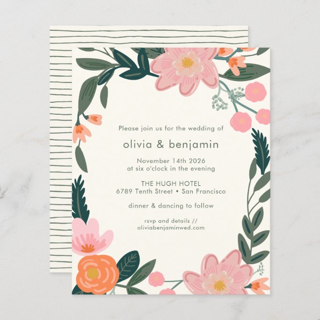 Budget Pink Backyard Garden Floral Wedding Invite (Front/Back)