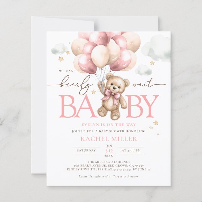 Budget Pink Bear Balloon Baby Girl Shower Invite (Front)