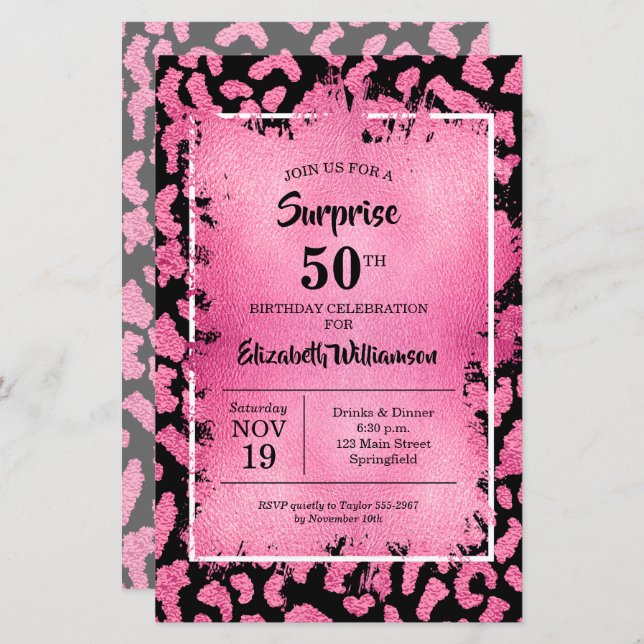 Budget Pink Black Leopard Birthday Invitations (Front/Back)