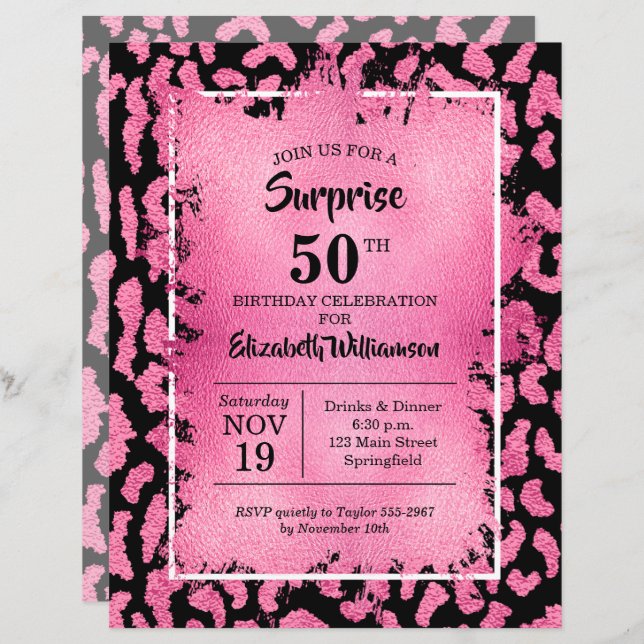 Budget Pink Black Leopard Birthday Invitations (Front/Back)