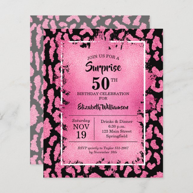 Budget Pink Black Leopard Birthday Invitations (Front/Back)