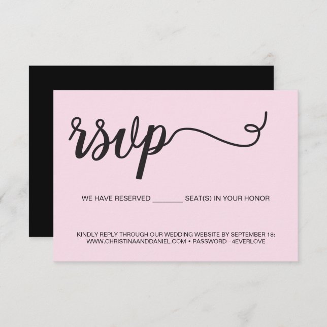 Budget Pink Black Wedding Website seats reserved  RSVP Card (Front/Back)