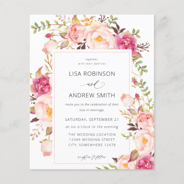 Budget Pink Blooming Blush Floral Wedding V3 Flyer (Front)