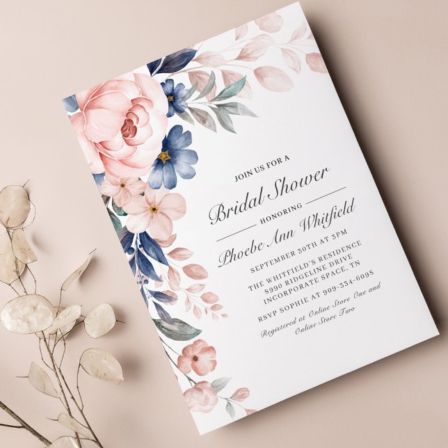 Budget Pink Blue Floral Bridal Shower Invitation (Creator Uploaded)