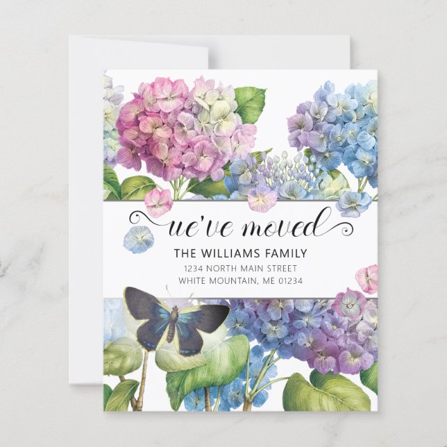 Budget Pink Blue Hydrangea Floral Moving Card (Front)