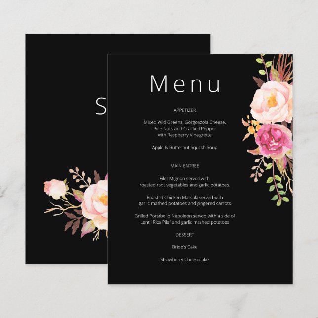 Budget Pink Blush Blooming Floral Menu- Black (Front/Back)
