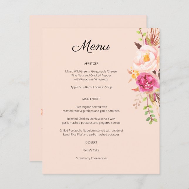 Budget Pink Blush Blooming Floral Menu- Pink (Front/Back)