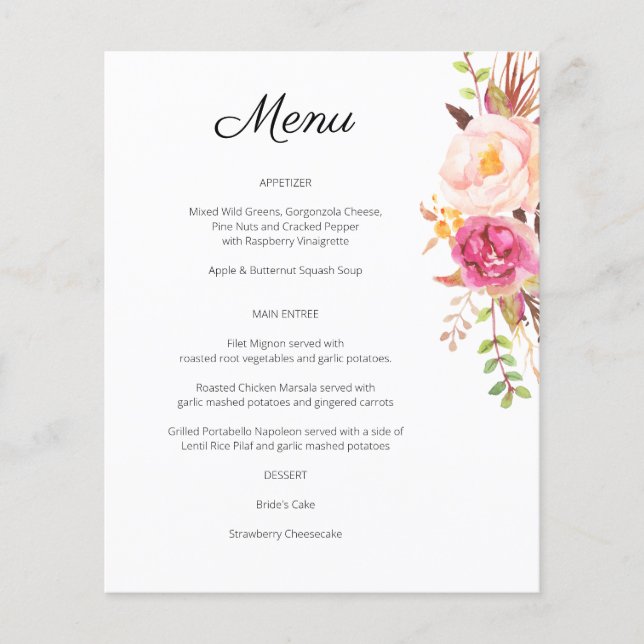 Budget Pink Blush Blooming Floral Menu- White Flyer (Front)